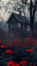 Foggy woodland cottage with scarlet poppy foreground field