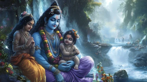 Hindu deities in forest river landscape with waterfalls.