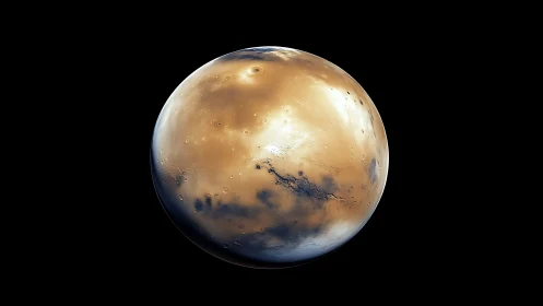 Cratered golden Mars sphere against deep black void.