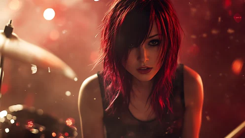 Red haired rock musician in warm dramatic stage light.