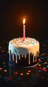 Birthday Cake Glowing with Red Striped Candle and Festive Sprinkles