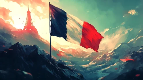 Tri-color gale above dream-forged French highlands.