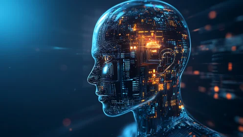 Neon cybernetic head with illuminated neural circuitry profile.