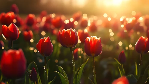 Red tulips photographed with depth of field blur and warm light filtering