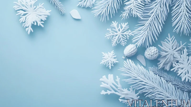Frosted white fir branches and snowflakes on pastel blue background