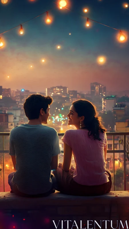 Rooftop Reverie: Two Hearts Under Golden Whispers.