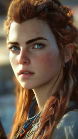 Soft sunrise warrior with bright sky-blue eyes gazing ahead.