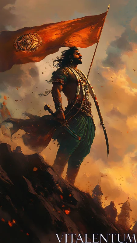 Heroic warrior silhouette beneath blazing saffron war flag.