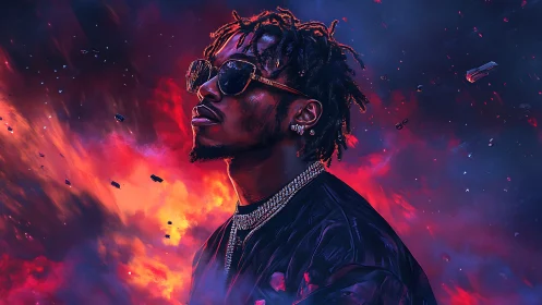 Neon backlit portrait of jeweled subject in cosmic debris field