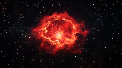 Fiery red nebula blooms against a deep star-filled cosmos