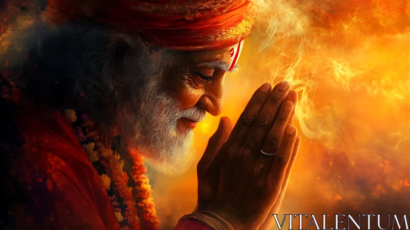 Mystic elder in fiery prayer glow, digital spiritual portrait.