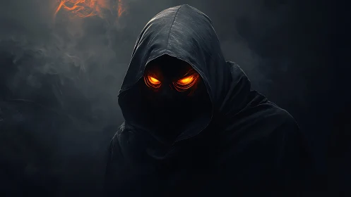 Smoldering-eyed hooded figure emerges from swirling, eerie dark