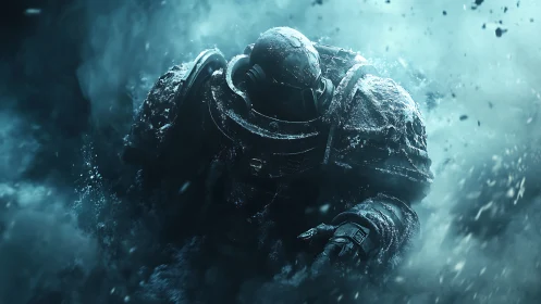 Armored sci fi soldier emerging through icy blue storm.