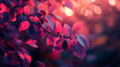 Vibrant pink foliage branch in dreamy sunset bokeh glow.