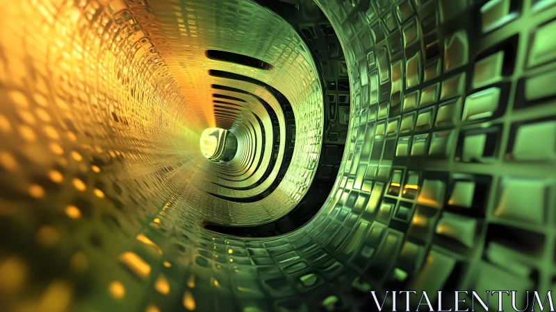 Futuristic Abstract Tunnel with Green and Yellow Geometric Patterns.