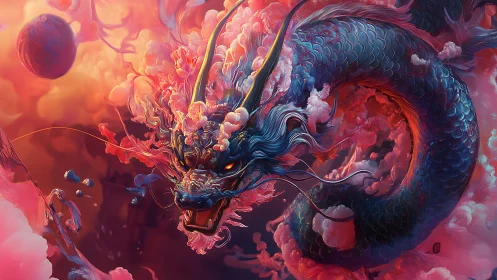 Celestial dragon coils through neon clouds in fiery twilight sky.