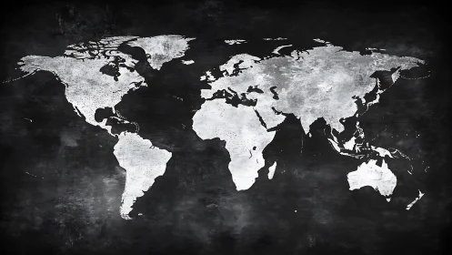 Monochrome world map silhouette on textured dark field.