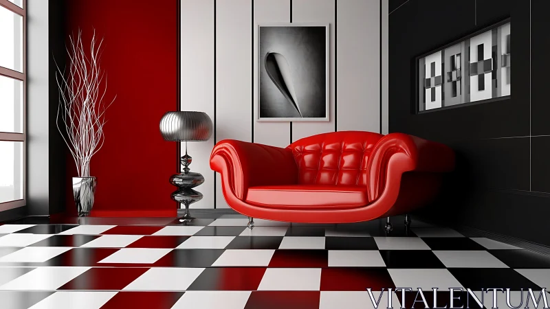 Red leather sofa anchors bold geometric monochrome interior.