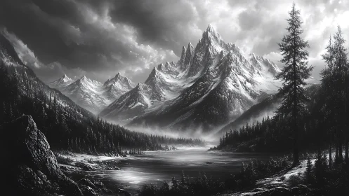 Monochrome alpine mountain range above forested lake scene.