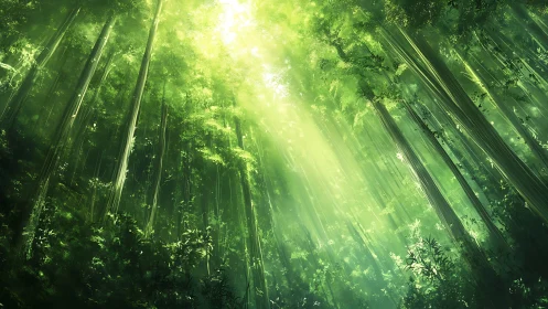 Sunlit Bamboo Forest Canopy. Cathedral Light Through Green.