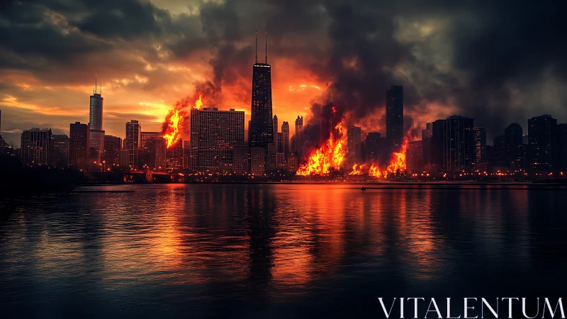 Chicago Skyline Engulfed in Flames at Dusk.