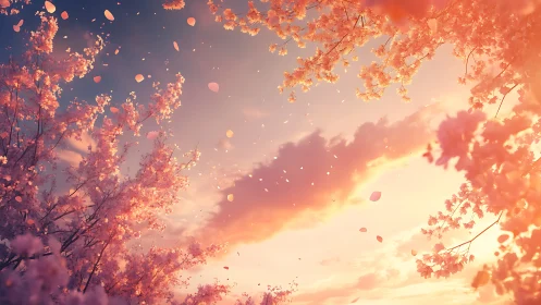 Drifting cherry blossoms across a radiant peach sunset sky.