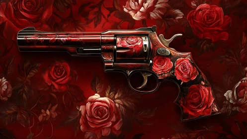 Digital painting revolver with baroque red rose inlays on red field.