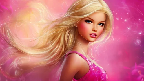 Glamorous blonde doll heroine glows in dreamy pink light