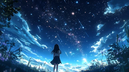 Solitary girl observing luminous meteor shower under night sky