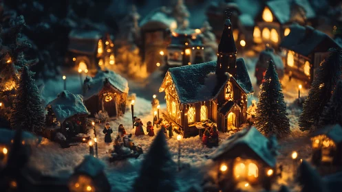 Photorealistic miniature winter village with glowing chapel scene.
