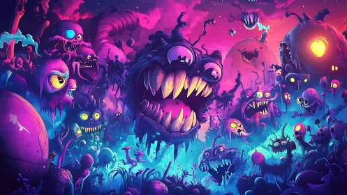 Neon monster landscape with distorted teeth and melting forms.