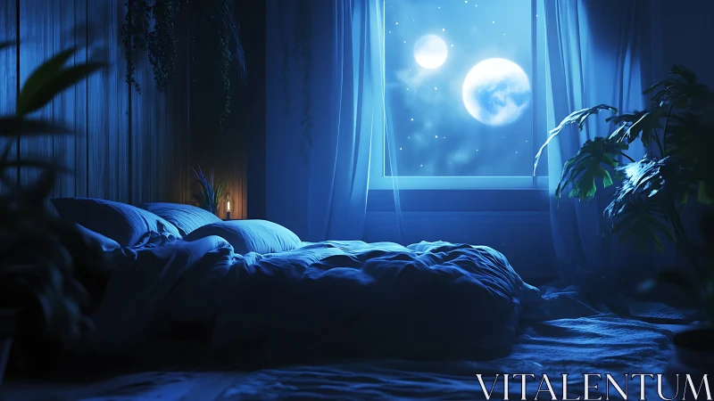 Moonlit bedroom interior overlooks dual planet night sky