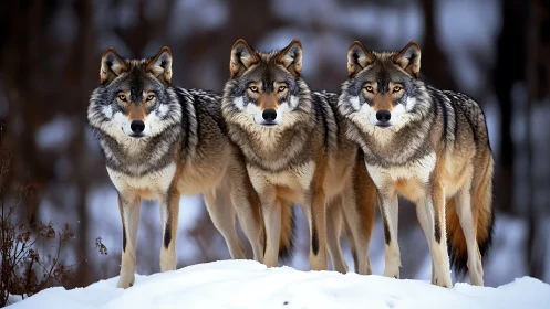 Calm winter wolf trio sharing a quiet, watchful moment together.