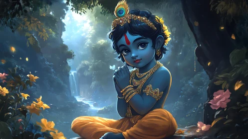 Blue-skinned child figure kneels in forest clearing with waterfall