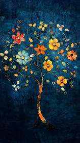 Floral motif tree on textured dark blue background.