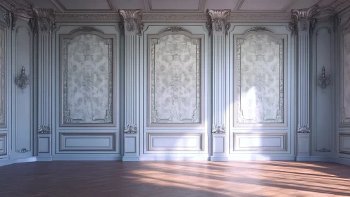 Neoclassical salon interior with ornate wall panels and light.
