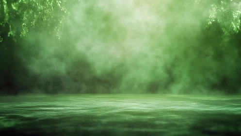 Mist-shrouded reflective water plane under diffuse green canopy