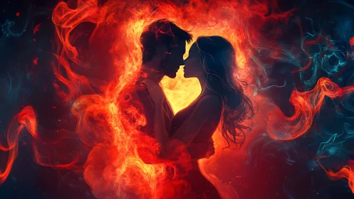 Silhouetted figures with luminous heart form within flame composition.