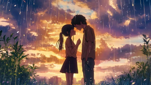 Silhouetted couple under rain at sunset with city skyline.