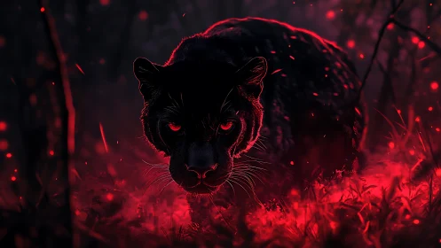 Midnight panther glowing in an otherworldly red forest.