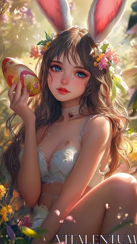Bunny-eared girl cradles painted egg in glowing meadow.