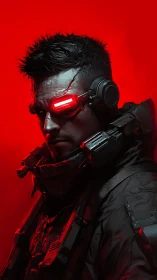 Cybernetic operative portrait with red neon visor glow.