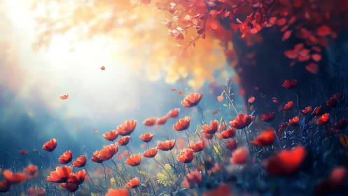 Volumetric Light Rendering Through Cultivated Poppy Field with Atmospheric Depth