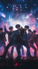 Neon-lit boy band performance under cinematic stage haze.