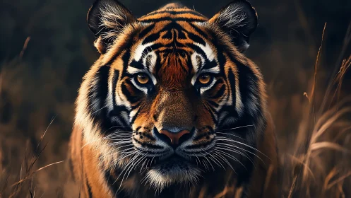 Tiger frontal portrait shows detailed facial markings clearly