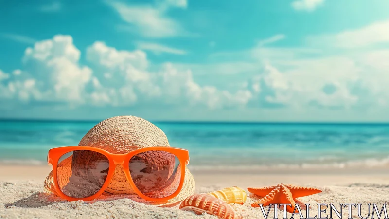 Beach still life captures sunhat, sunglasses and shells
