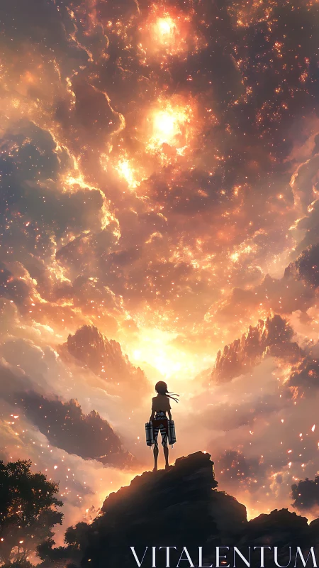 Solitary warrior beneath blazing celestial stormscape.