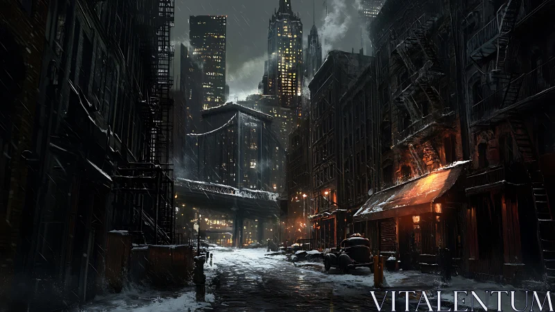 Noir cyberpunk alleyway with snowy vanishing-point perspective.