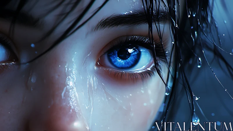 Hyperreal close-up blue eye under cascading water droplets.
