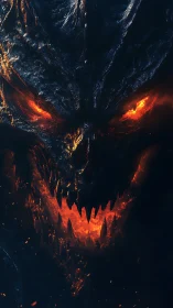 Molten demon face rises from darkness with blazing hot fire